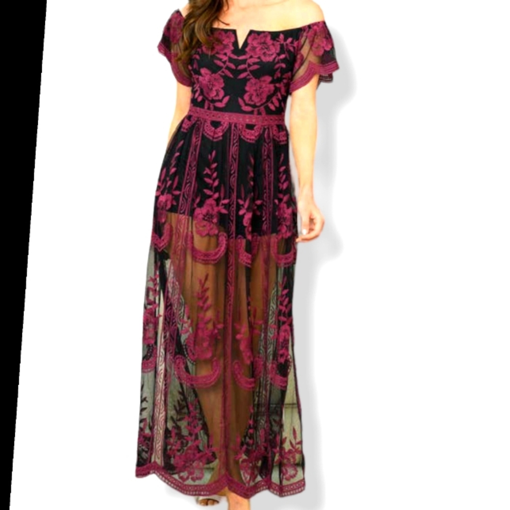 Wine Lace Off-Shoulder Dress